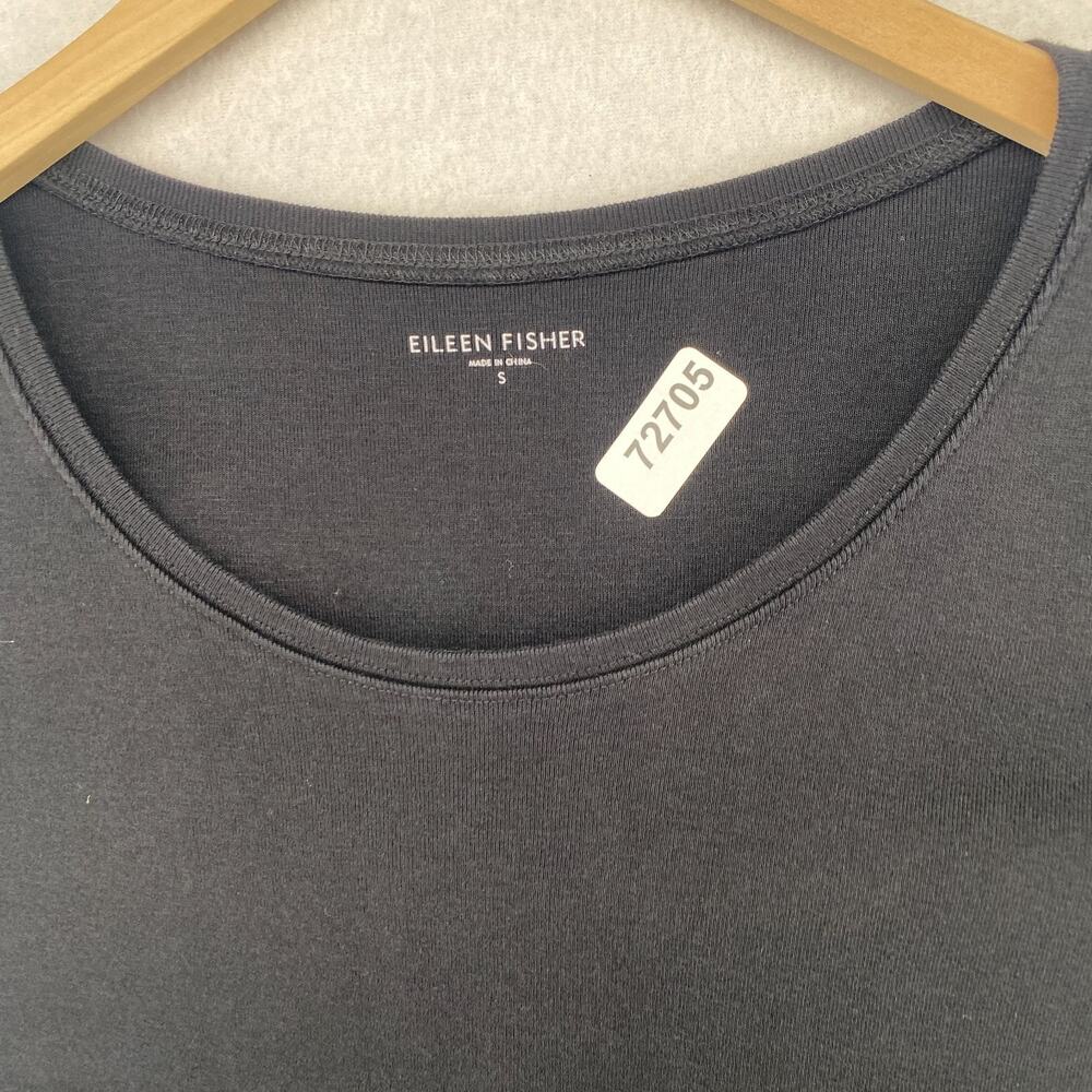 EILEEN FISHER Top S Organic Cotton Ribbed Jersey Scoop Neck Elbow Sleeve Black - Picture 9 of 9